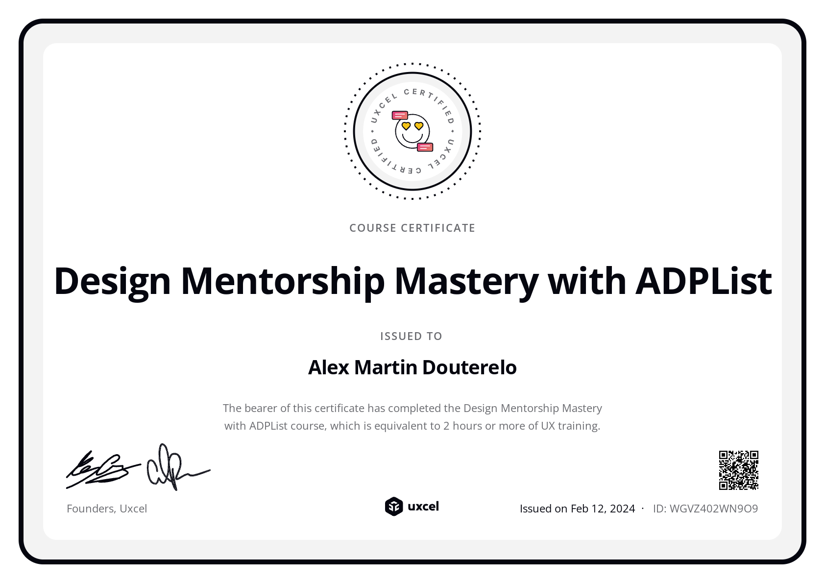 Alex Martin Douterelo's certificate